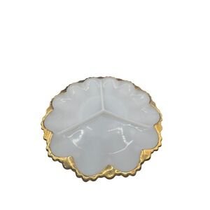 Vintage Anchor Hocking Fire King Milk Glass Divided Relish Dish gold trim 10 in